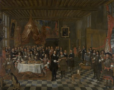 Het Brugse Sint-Barbaragilde biedt aan de Engelse koning Karel II en zijn beide broers een banket aan in de gildenkamer door Jan Baptist van Meunincxhove